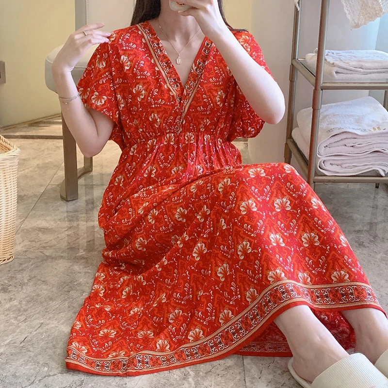 棉绸度假风长裙柔软舒适亲肤民族风女士印花大码国风波西米亚