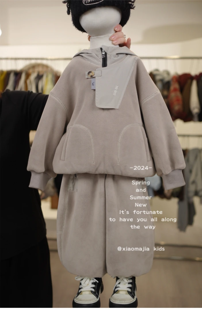 现货-儿童冬加绒加厚糕糕绒连帽套装D-3999休闲风保暖两件套