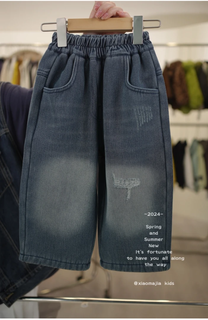 现货-冬季加绒一体绒直筒牛仔裤K-36541宽松潮流百搭男女童裤子