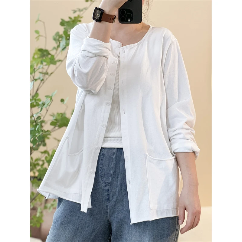 （浅笑）8267 口袋新款纯棉开衫上衣文艺大版宽松休闲百搭时尚