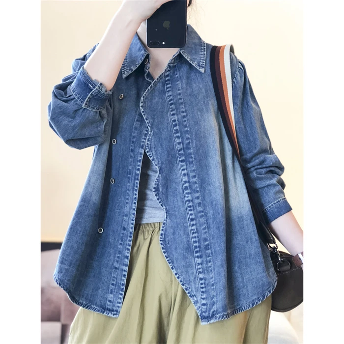 8220（浅笑）新中式国风牛仔衬衫女复古外套女春季盘扣长袖上衣