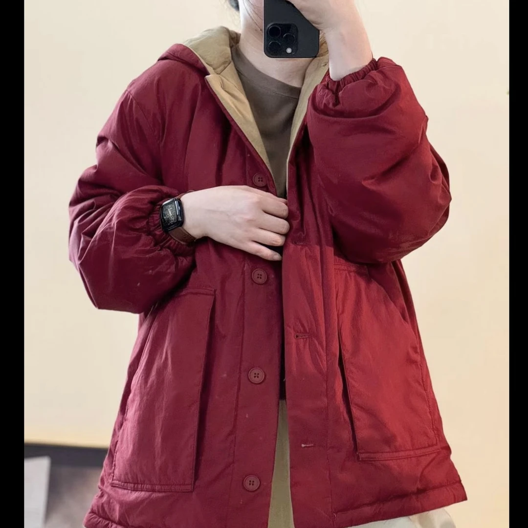 （浅笑）23192 -1冬季文艺复古加厚棉衣女大口袋连帽短款厚外套1