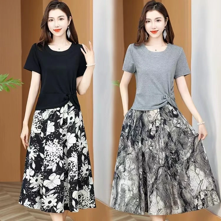 夏季新款显瘦遮肉真两件连衣裙宽松休闲套装大码妈妈装两件套