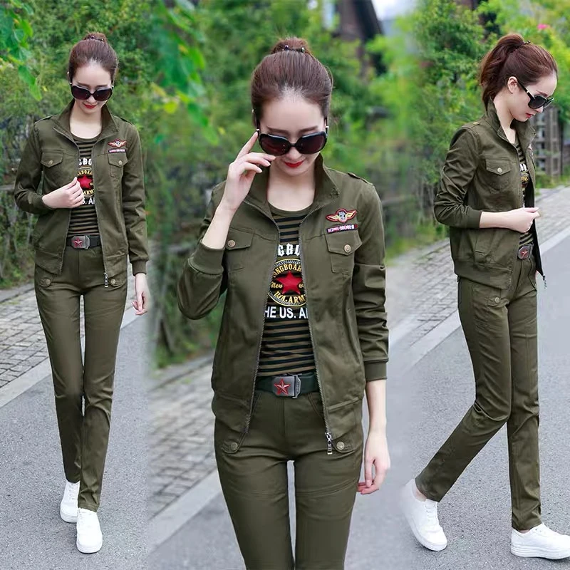 时尚迷彩服套装女装春秋新款外套水兵舞服高腰运动休闲长裤三件套