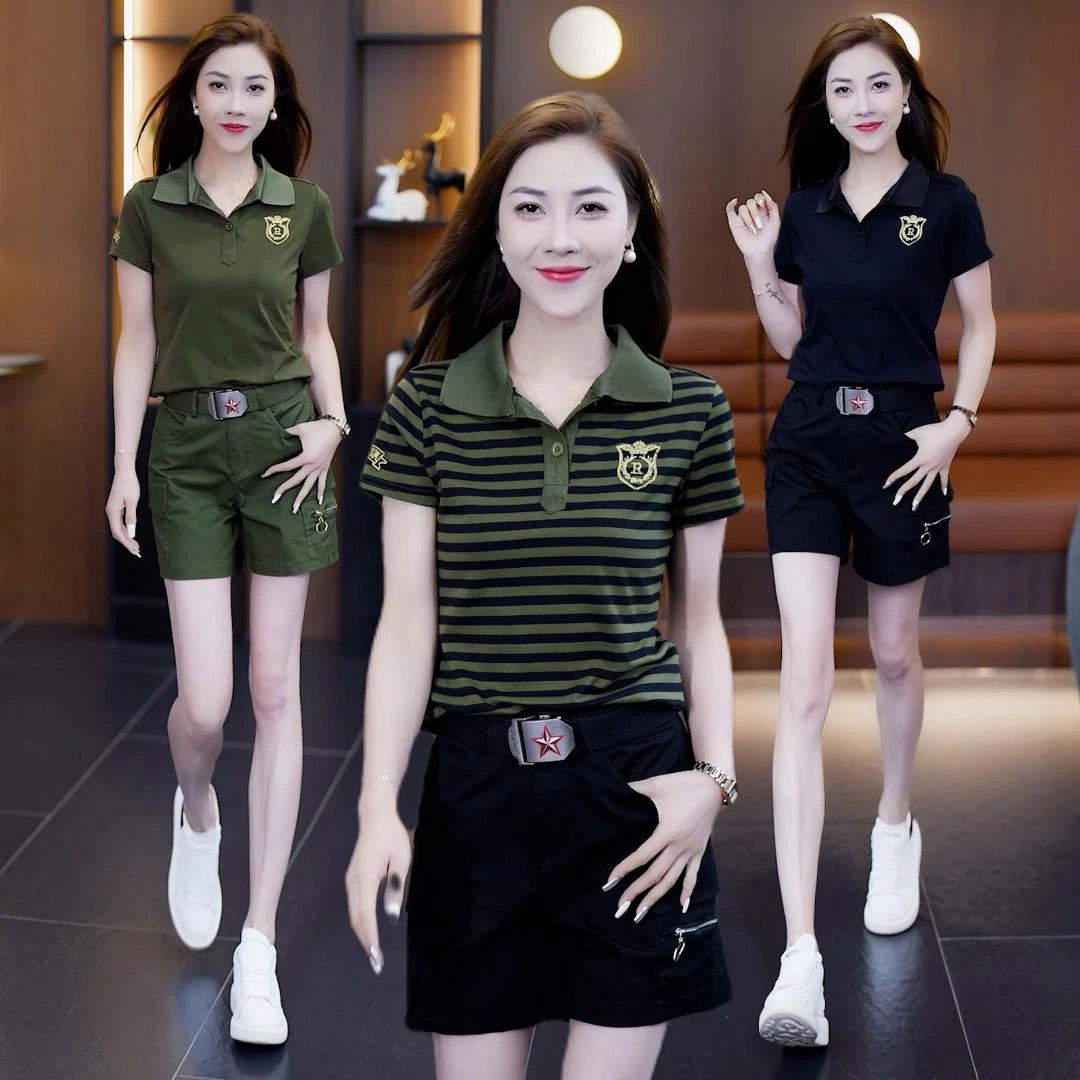 夏季新款翻领军绿T恤时尚短裤工装两件套洋气女士休闲黑色套装潮