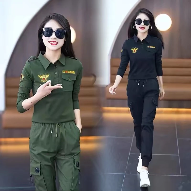 新款时尚迷彩服女长袖翻领t恤春秋休闲工装长裤黑色显瘦减龄套装