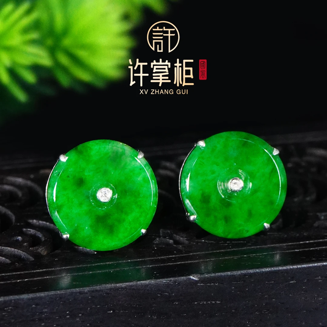 许掌柜|18K金镶嵌平安扣耳钉圆牌耳饰天然缅甸翡翠A货原创百搭