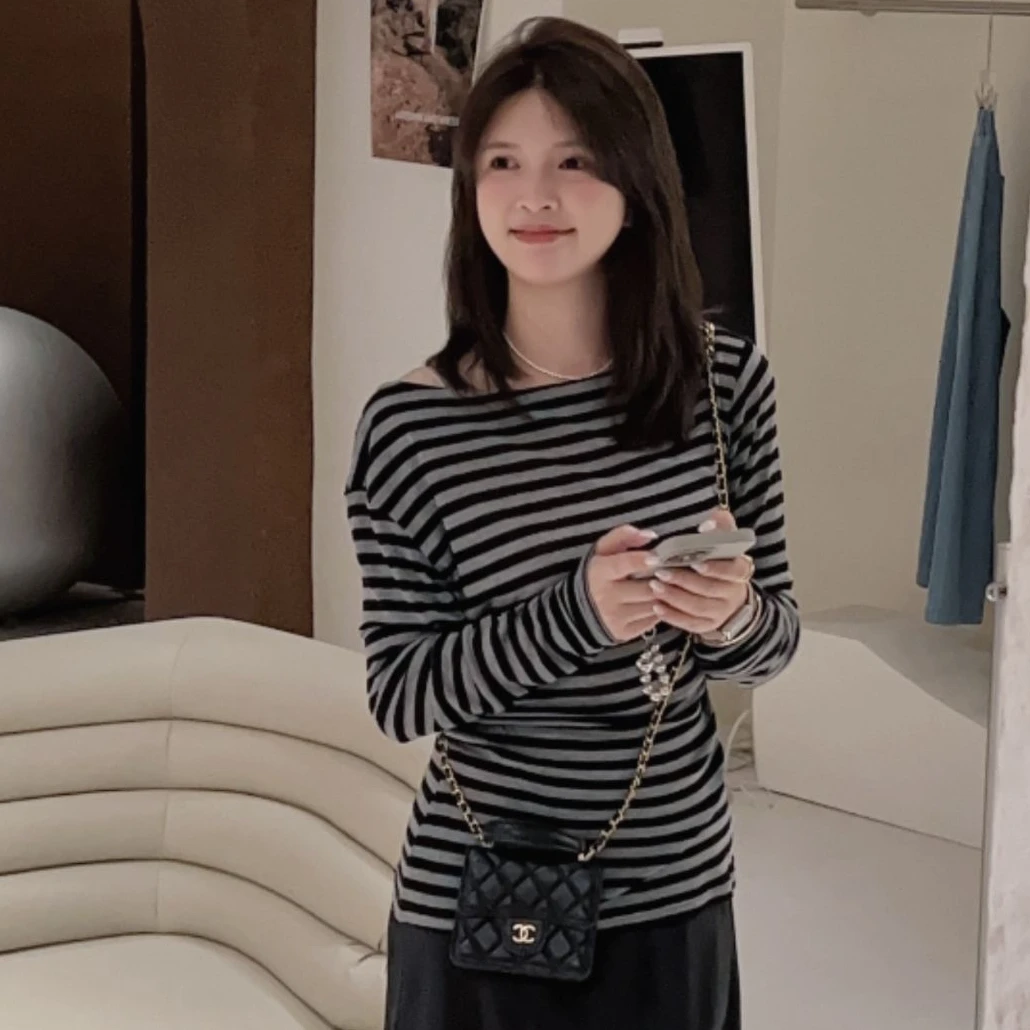 漫姐的店【秋日条纹】一字肩长袖条纹t恤女早秋新款显瘦斜肩上衣
