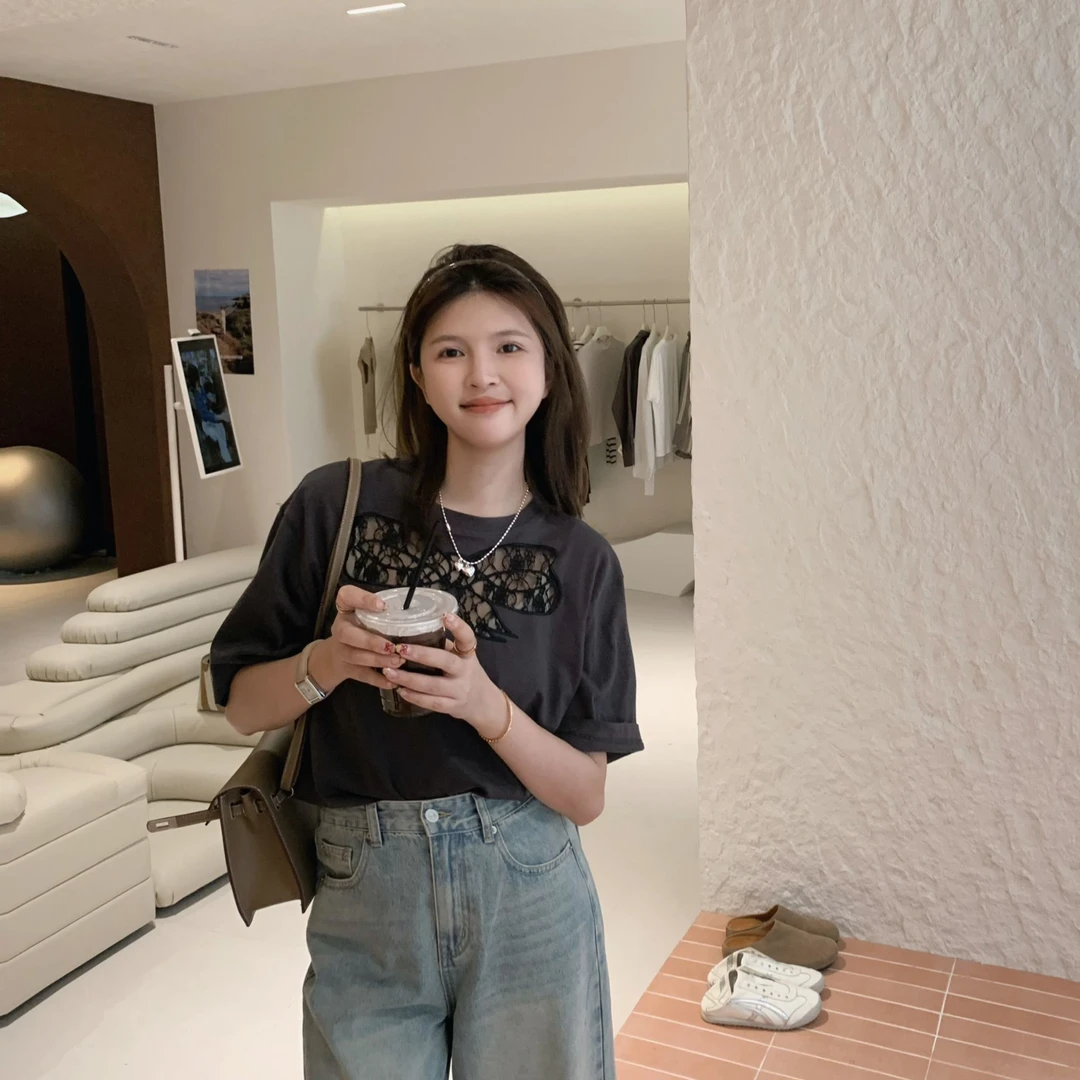 漫姐的店【镂空蝴蝶】早秋2024韩国款蕾丝蝴蝶结镂空刺绣短袖T恤