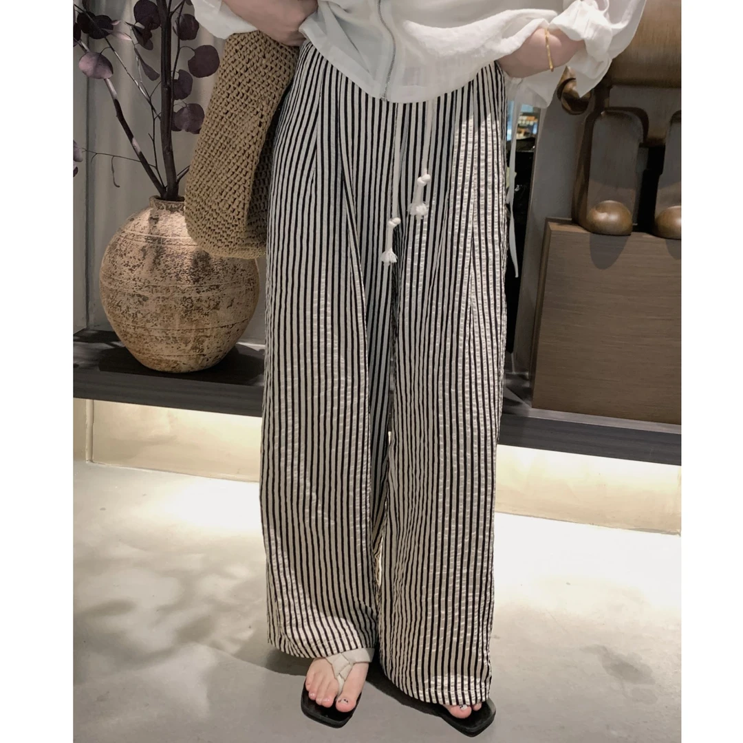 漫姐的店【遛弯裤】夏季新款条纹阔腿裤女窄版直筒宽松慵懒休闲裤子