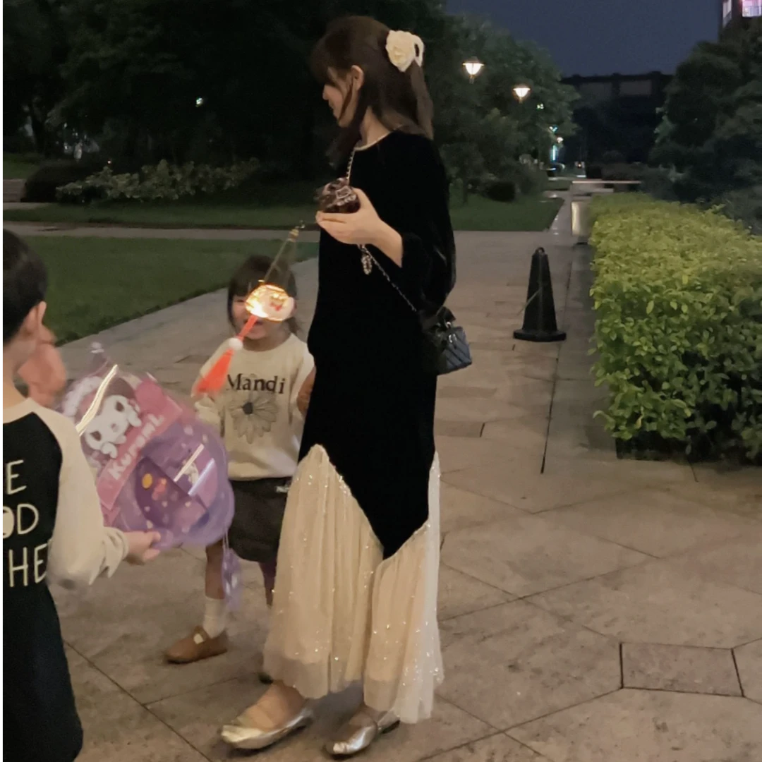 漫姐的店【纳斯女神】高级感拼接亮片网纱气质温柔氛围感丝绒长裙