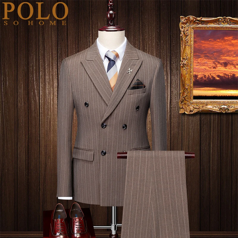 保罗高端西装套装男士条纹戗驳领西装三件套商务修身新郎结婚礼服