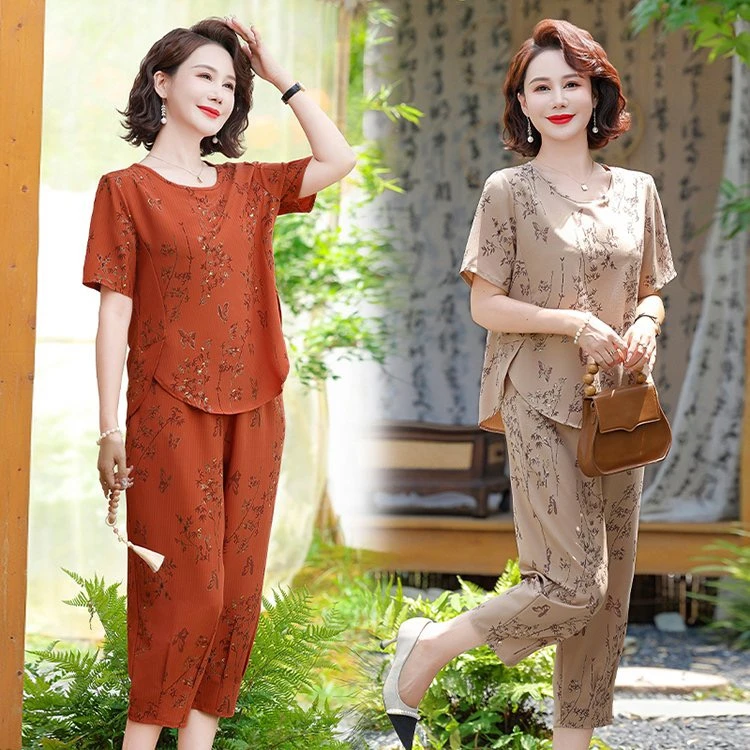 中老年妈妈装夏季新款短袖印花套装女时尚宽松显瘦大码薄款两件套