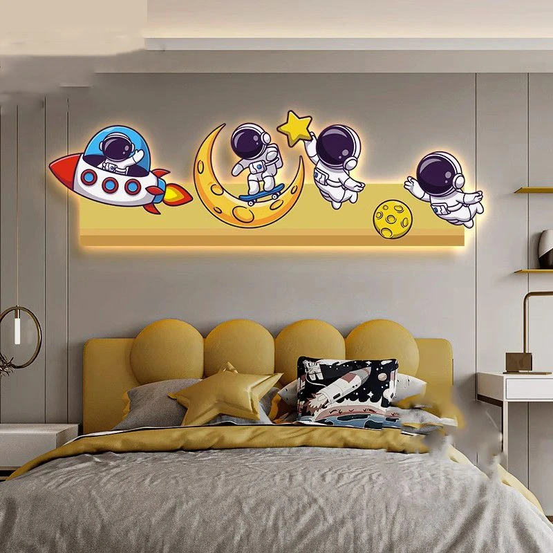 北欧太空人宇航员儿童房装饰画氛围led灯画男孩卧室床头挂画客厅