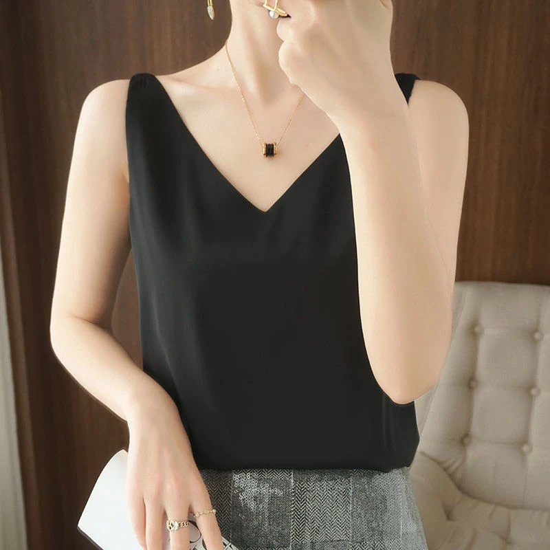 桑丝吊带背心女内搭西装白色黑色打底缎面蚕桑丝上衣小夏季v领