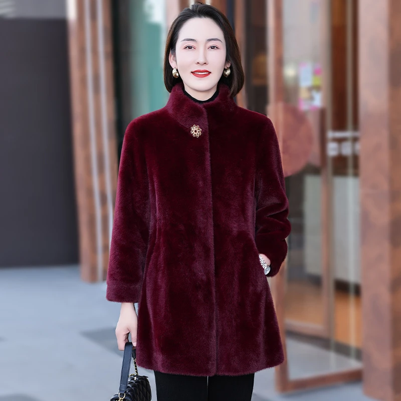 恩狐中年妈妈时尚冬装气质高贵半领中长款加厚纯色洋气显年轻外套