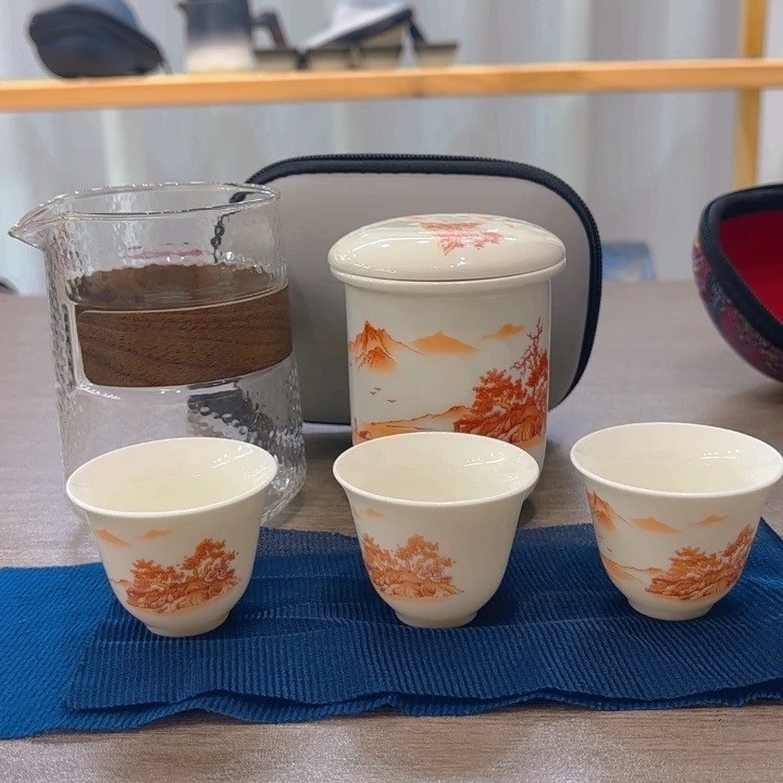 旅行茶具帆红山水快客三杯加灰包 A39