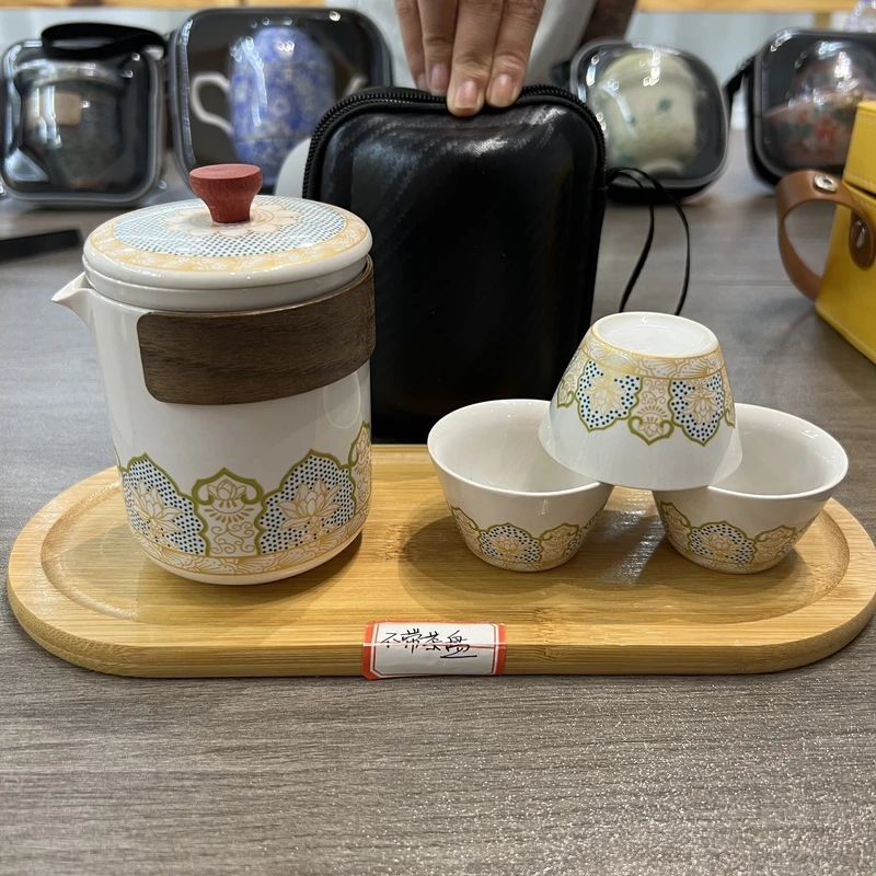 旅行茶具古韵白快客三杯加黑包 A38