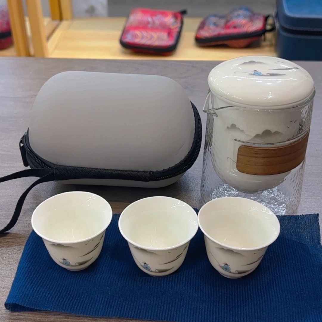 A50 旅行茶具套装江山垂钓快客一壶三杯加灰色包