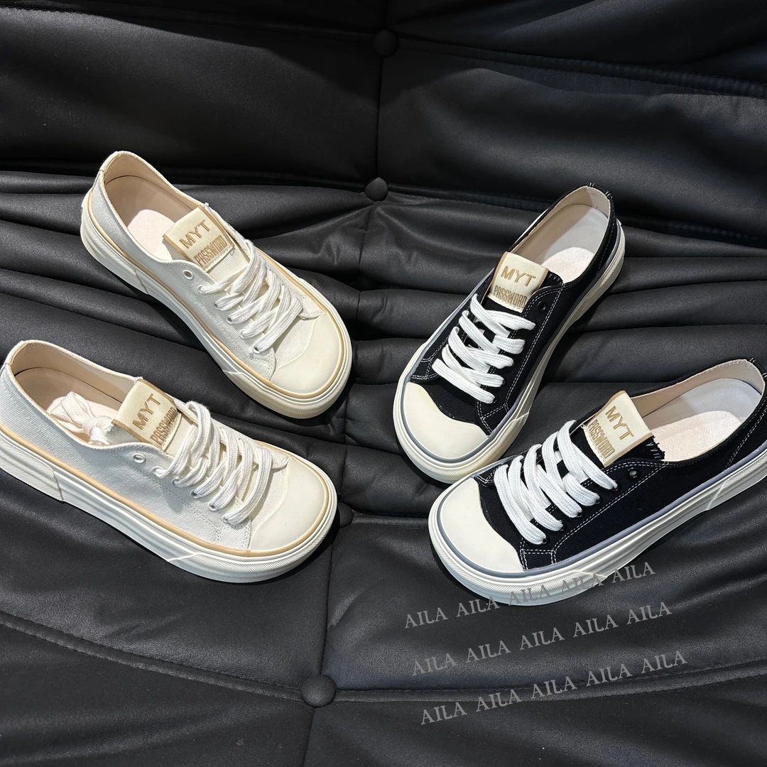 【aila】女鞋2023夏新款欧洲站系带休闲帆布鞋单鞋时尚板鞋