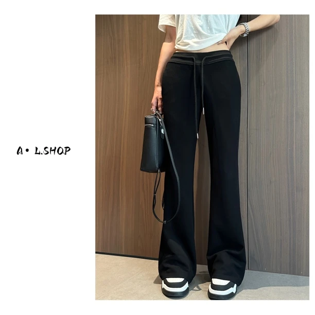 aila新款微喇抽绳低腰裤黑色气质阔腿裤时尚休闲裤显瘦夏季垂感