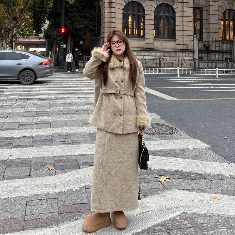 盈盈&南岛风大码女装加绒加厚外套女冬胖mm显瘦半裙套装ZYY1304