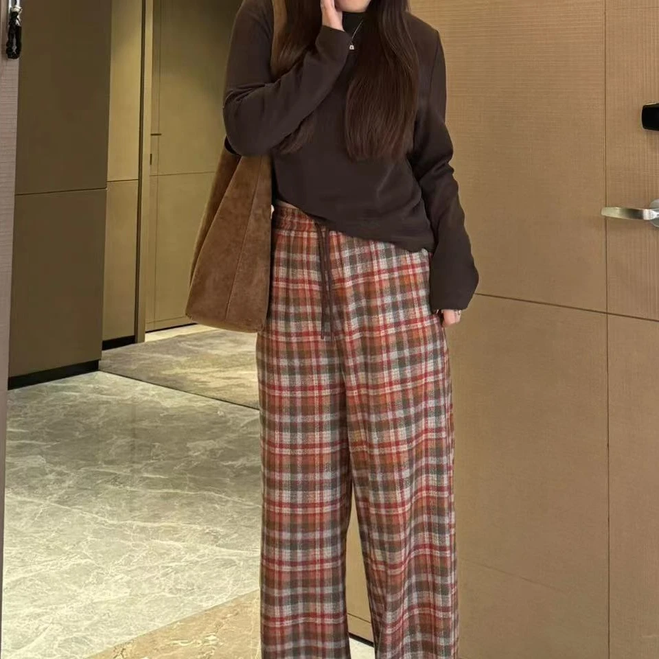 南岛风大码女装胖Mmm新款冬显瘦宽松百搭加厚格子休闲裤ZYY77