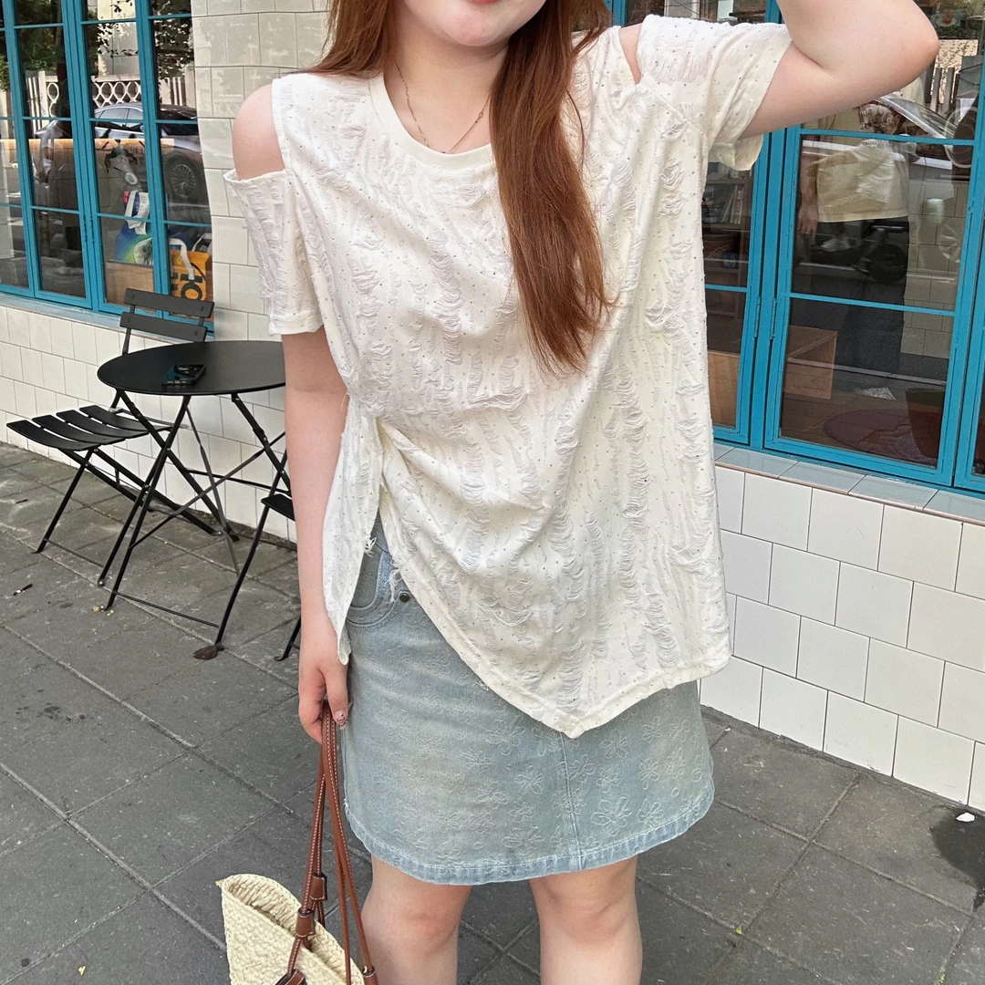 南岛风大码女装夏季新款露肩夏季显瘦短袖胖mm温柔百搭T恤ZWW112