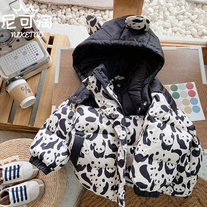 儿童秋冬季外套熊猫满印连帽加厚羽绒服洋气男童羽绒外套宝宝新款
