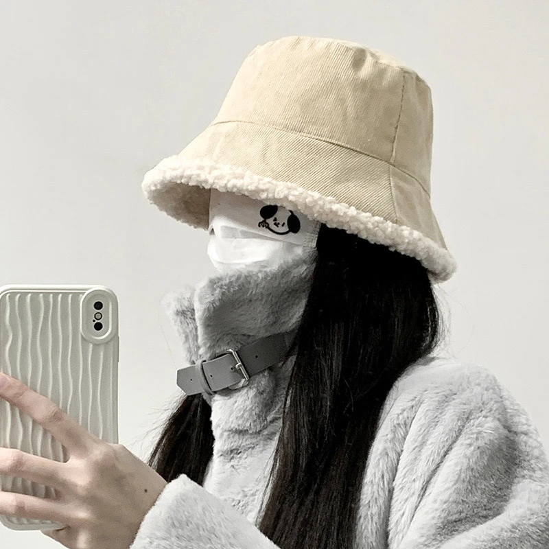 渔夫帽子女款秋冬季双面羊羔毛绒百搭显脸小保暖加厚时尚水桶盆帽