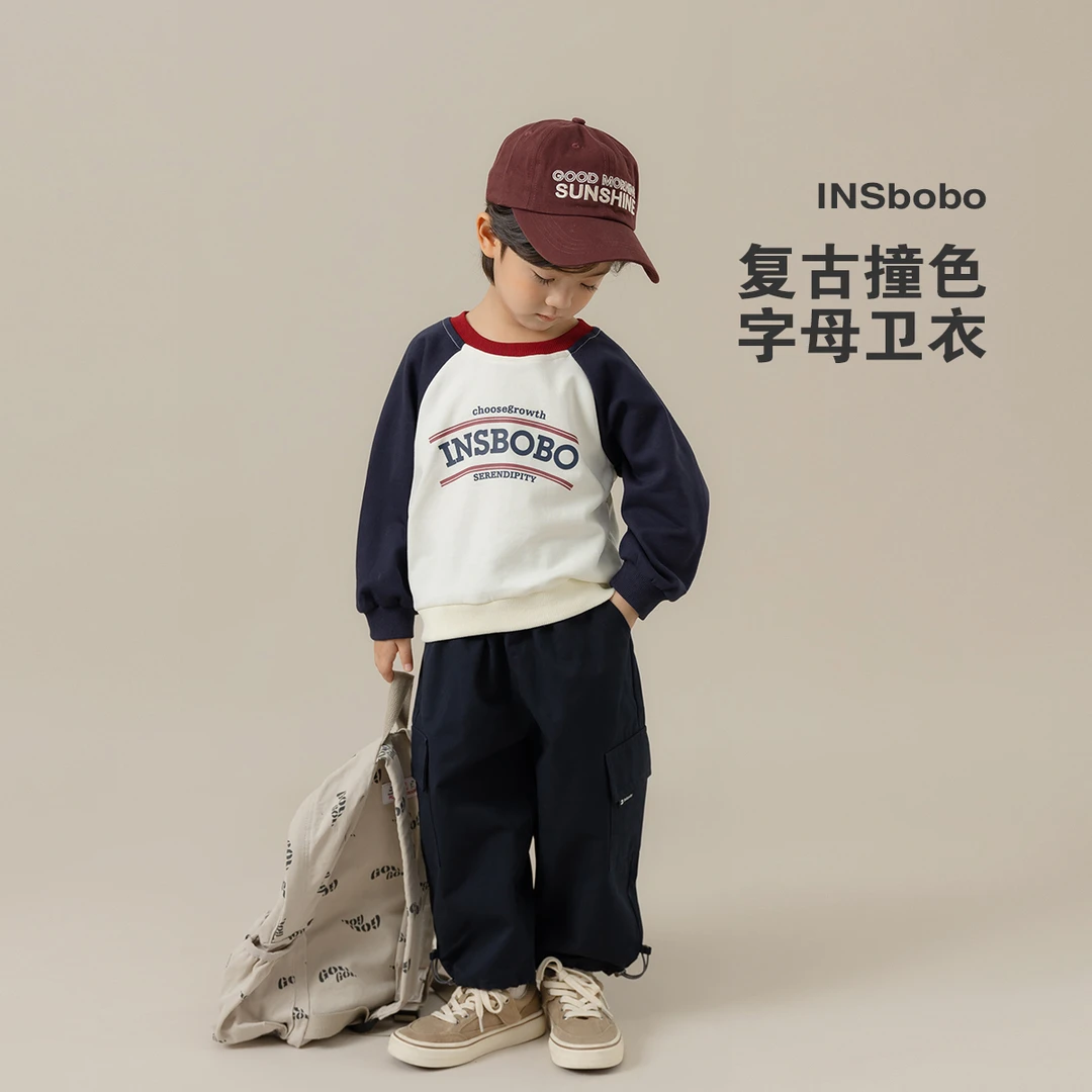 INSbobo男童秋季洋气卫衣女童拼色上衣韩版圆领套头童装QY23076