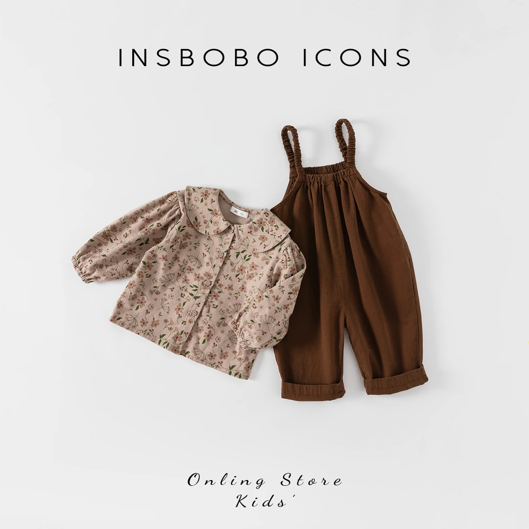 INSbobo洋气女童新品两件套韩版碎花娃娃领背带裤两件套潮QT22138