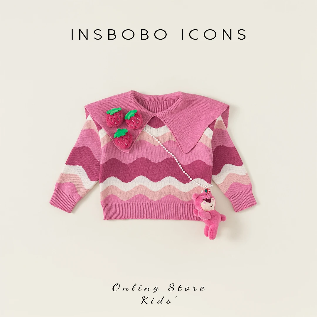 INSbobo【送配饰】儿童毛衣立体草莓娃娃领毛衣+草莓熊玩偶QY23311