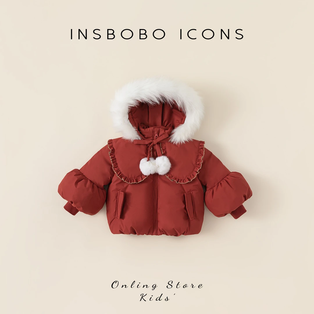 INSbobo女童冬装新品外套荷叶边设计连帽毛领羽绒服DY23238