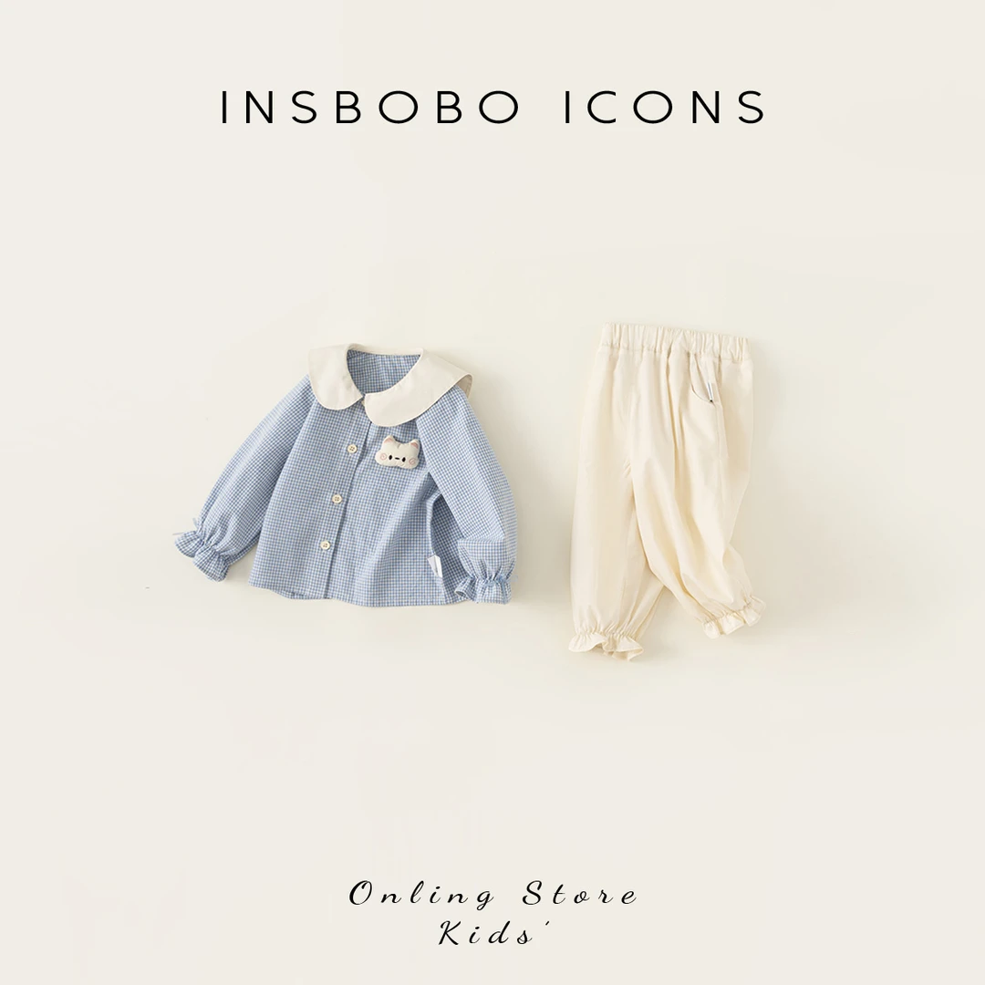 INSbobo儿童套装翻领格子衬衫两件套简约束脚裤女童套装QT14029