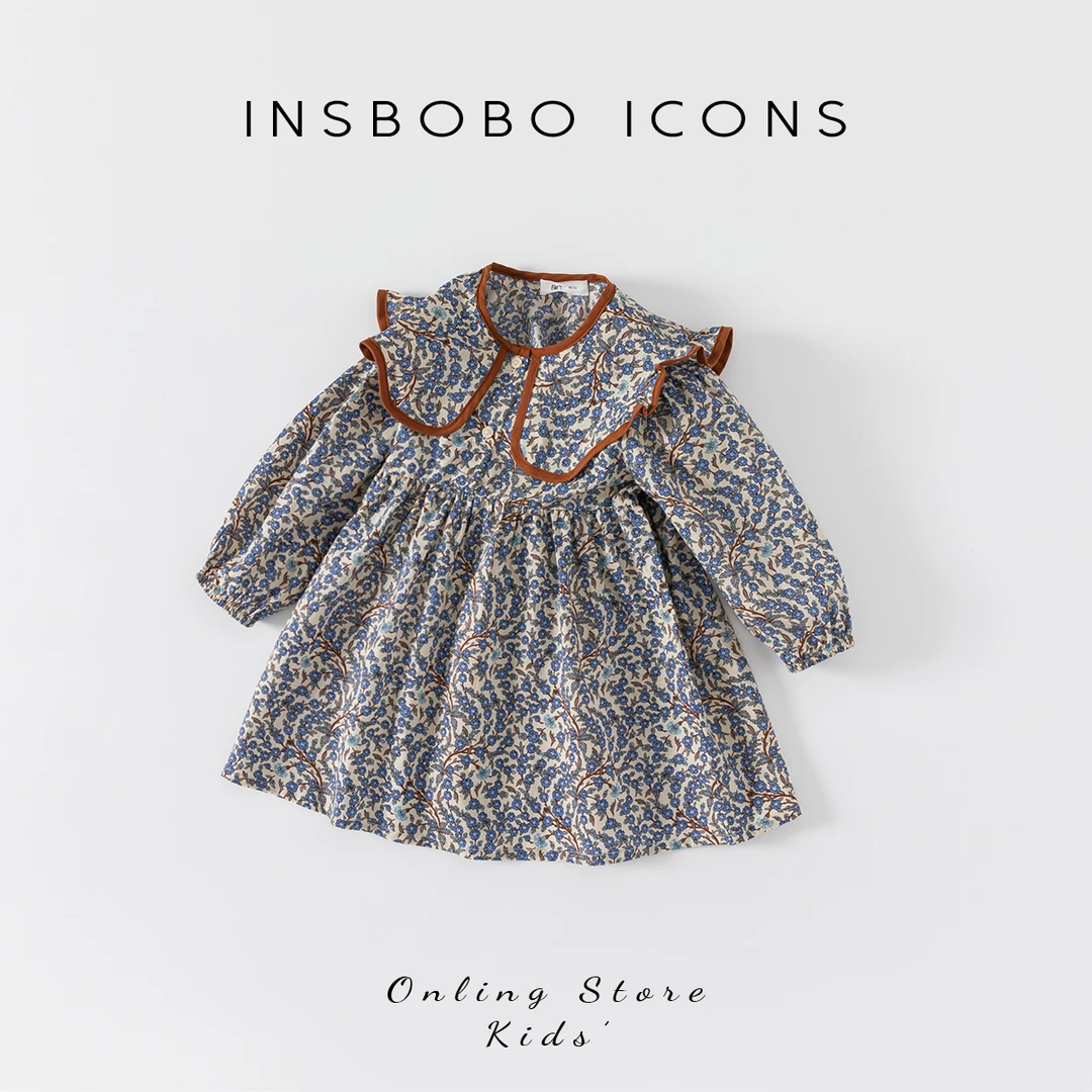 INSbobo春秋女童复古时尚潮碎花女宝洋气大翻领小童连衣裙QQ22104