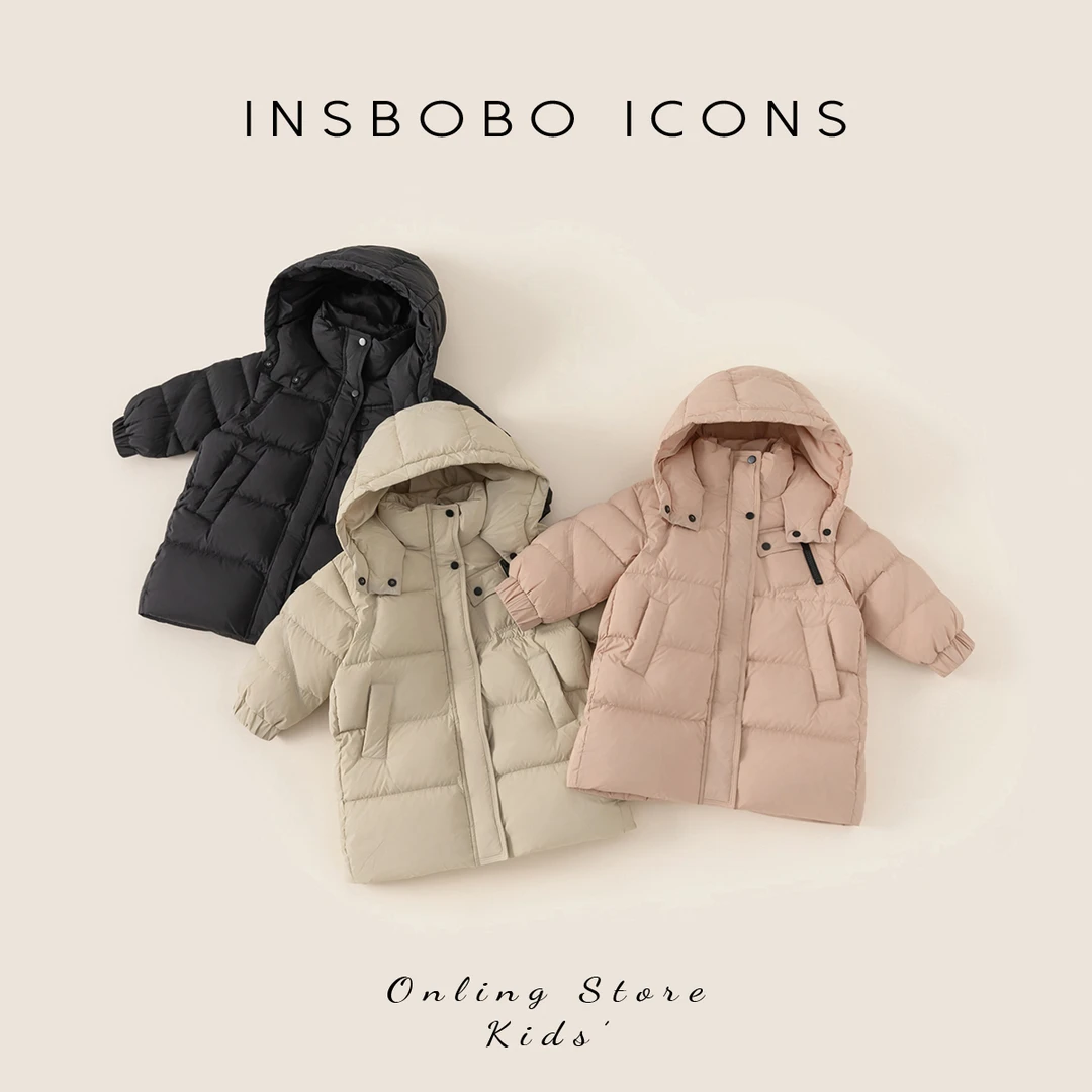 INSbobo儿童冬季中长款时尚韩版休闲斜插口袋连帽羽绒服DY42014