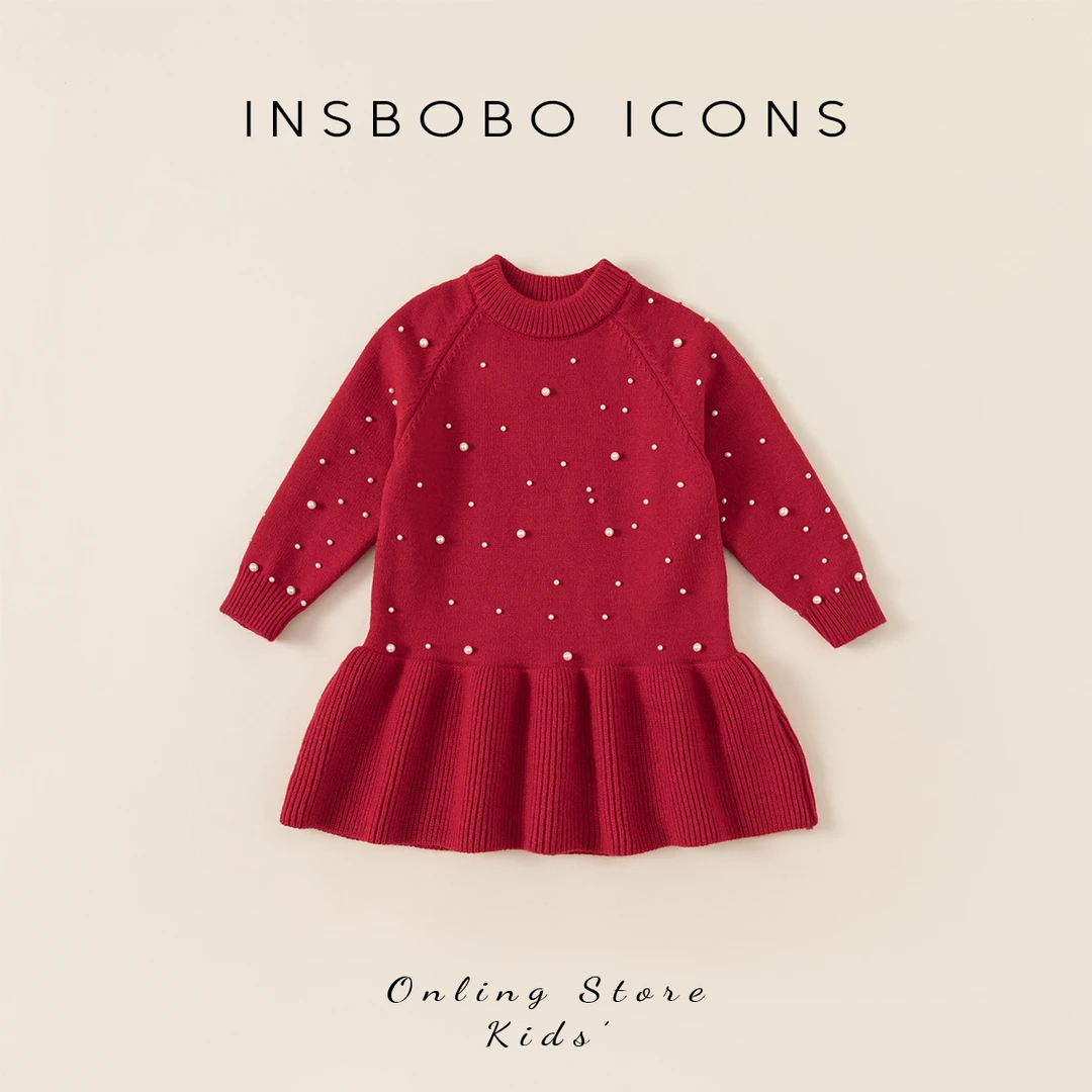 INSbobo女童纯色珍珠毛衣连衣裙针织红色小童儿童裙子长袖DQ34473
