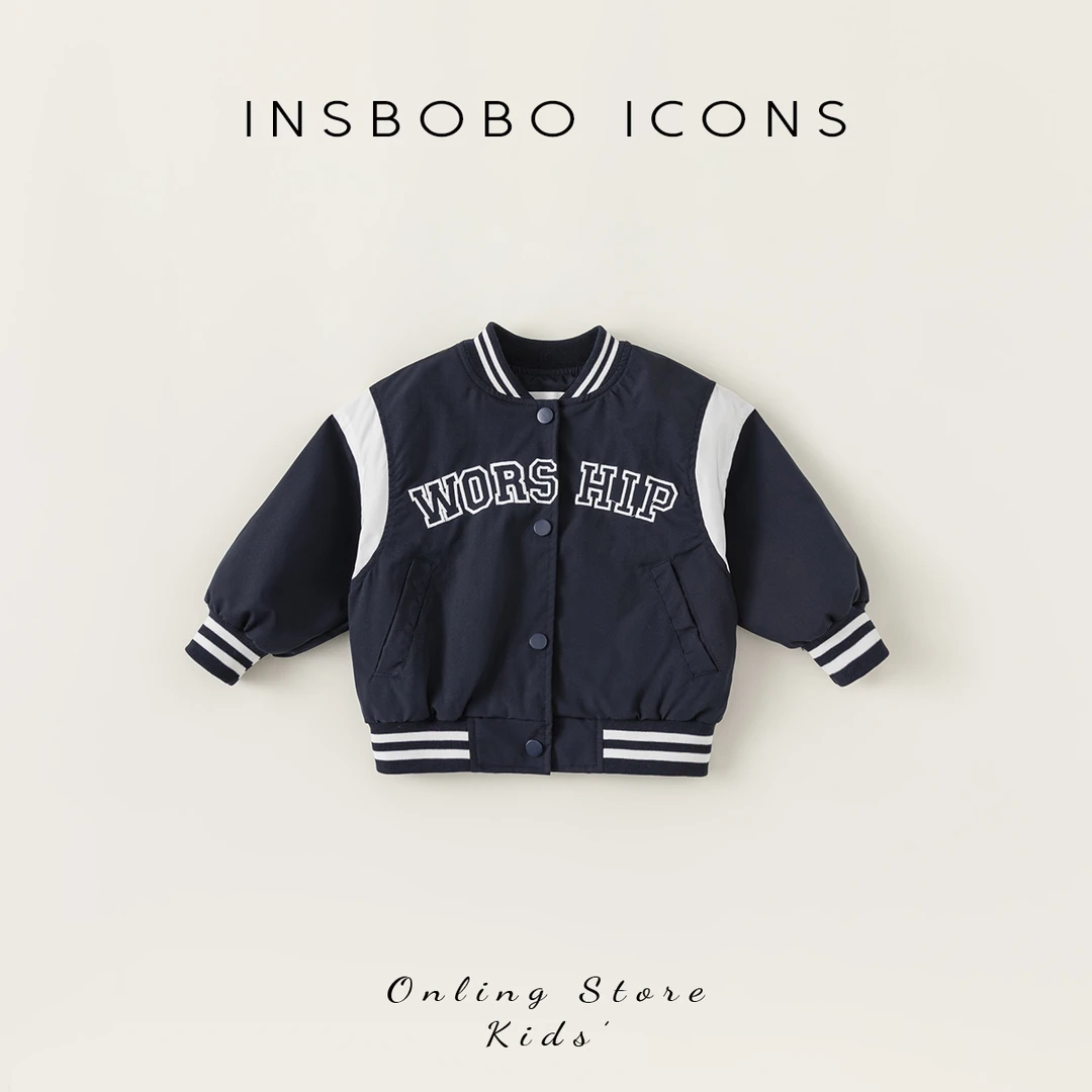 INSbobo男童春秋新品酷帅撞色外套韩版女童贴布刺绣棒球服CY84051
