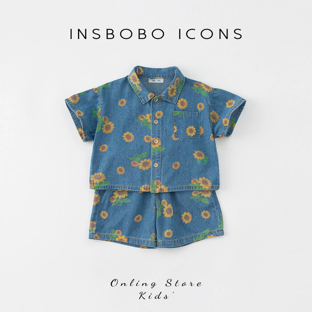 INSbobo男童休闲牛仔向日葵套装女童洋气满印夏款小童潮XT82054