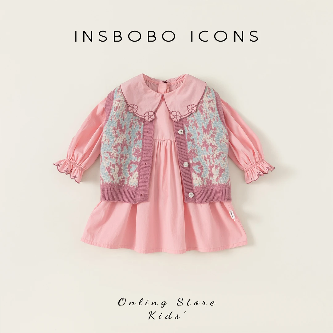 INSbobo女童秋装新品两件套毛衣马甲加纯色连衣裙洋气套装QQ23246