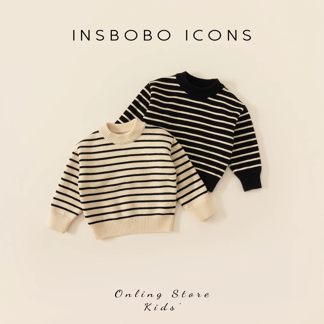 INSbobo冬装新品保暖衣服女童简约条纹毛衣男童针织衫DY82021