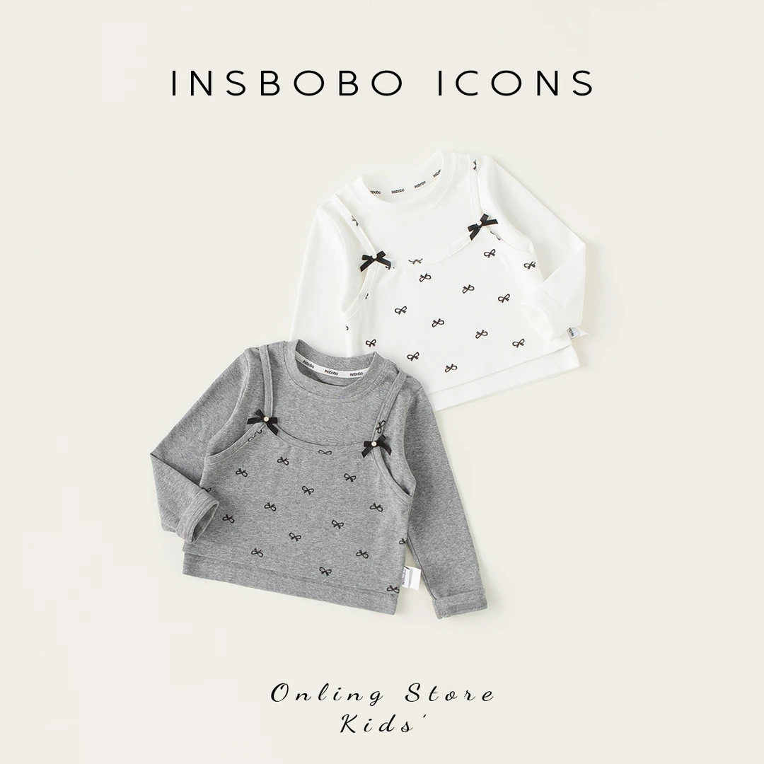 INSbobo儿童假两件上衣春秋长袖时尚洋气蝴蝶结百搭T恤CY25040