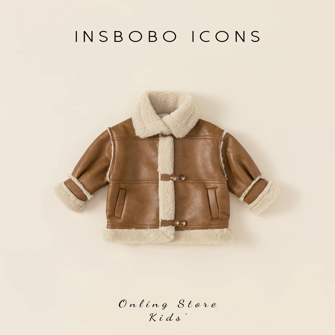 INSbobo2023冬季新品加厚上衣女宝宝复合一体绒皮衣外套DY34176