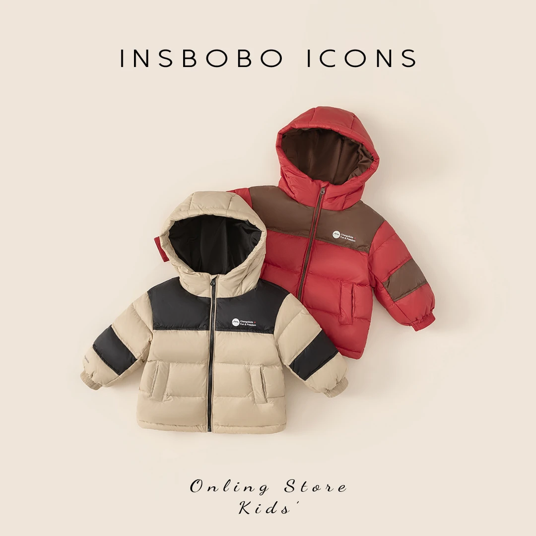INSbobo男童冬季保暖连帽外套女童羽绒服户外拼色羽绒 服DW540080