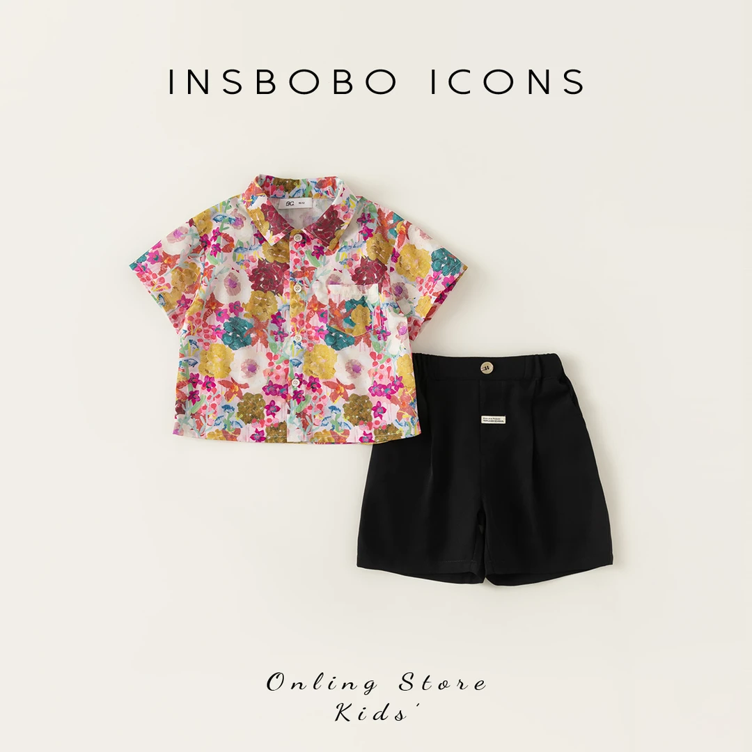 INSbobo 男童夏装套装童装小童衣服夏款男孩花衬衫潮童装 XT83038