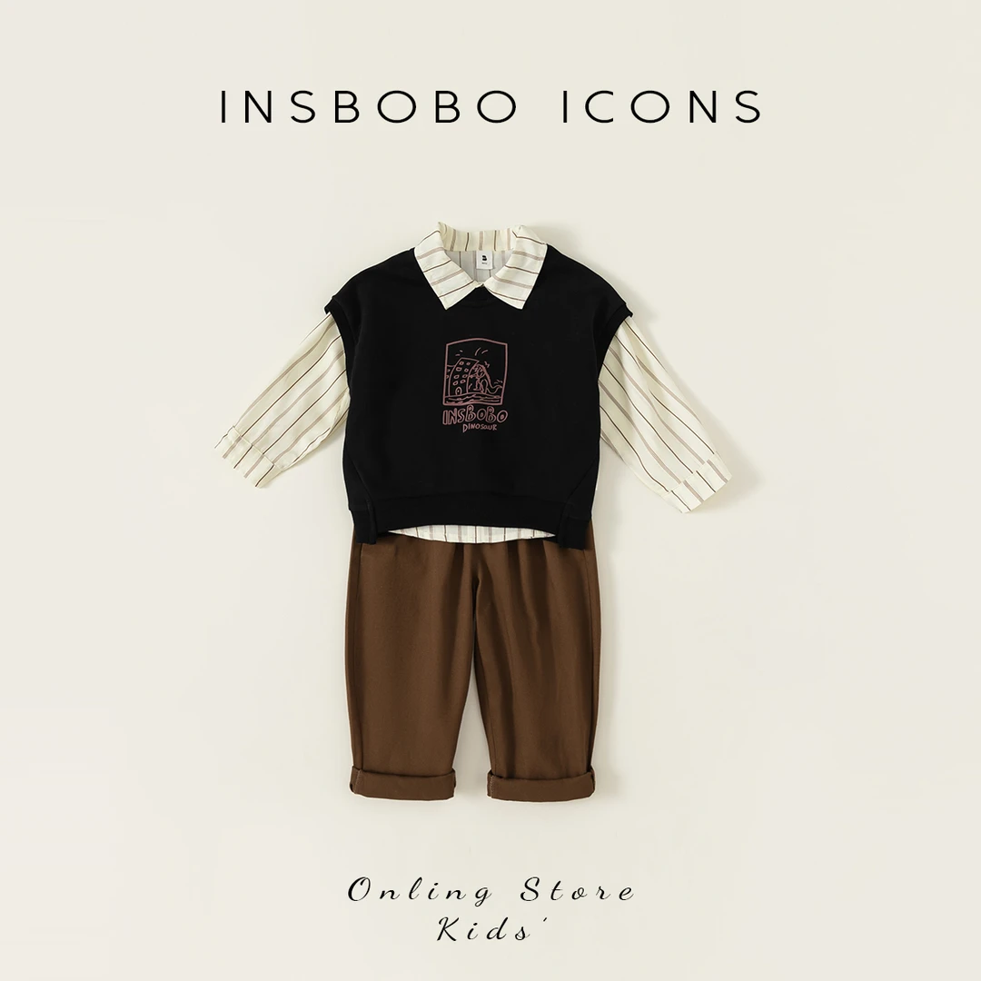 INSbobo秋季新品儿童套装男小童衬衫休闲三件套套装QT83088
