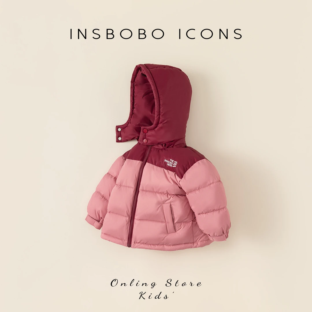 INSbobo女童冬装新品外出服宝宝拼色休闲连帽保暖羽绒服DY23134