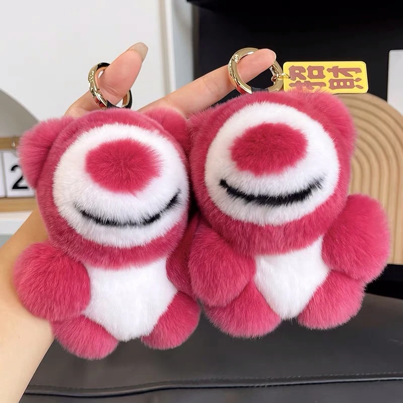 真獭兔毛草莓熊钥匙扣卡通可爱小熊钥匙挂件可爱情侣汽车钥匙挂饰