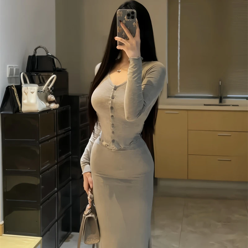 韩国秋性感纯欲长袖开衫鱼尾包臀修身紧身半身长裙辣妹两件套装女